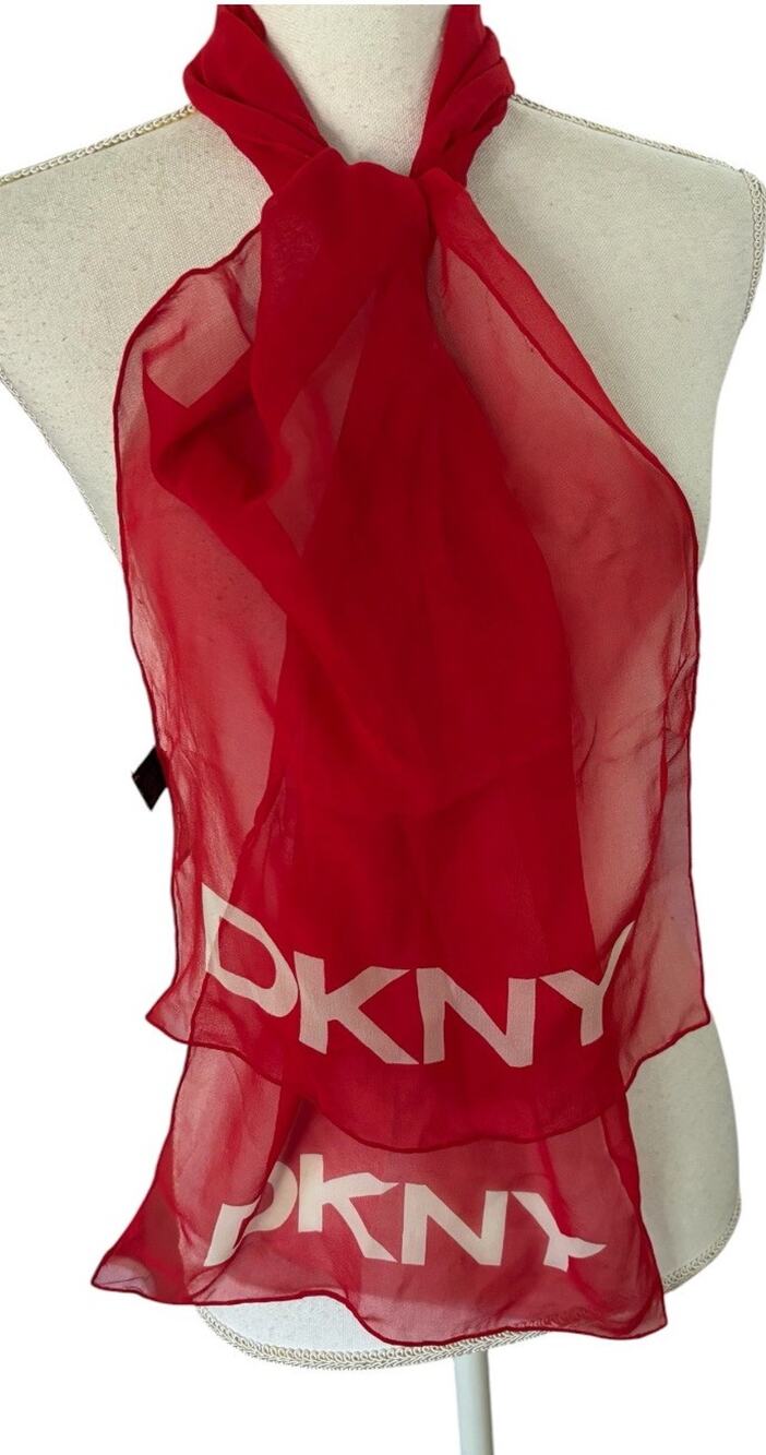 DKNY Donna Karan 100% Silk Scarf Sheer Red White Made In Italy Logo